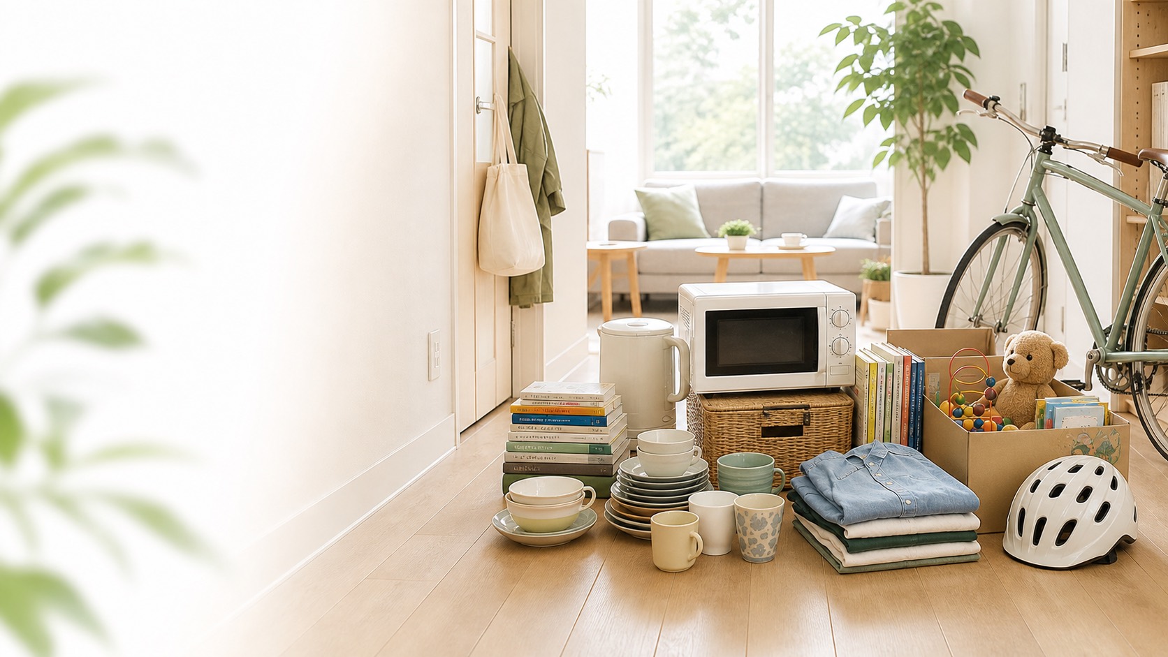 明るい部屋に整理された不用品が並ぶ様子